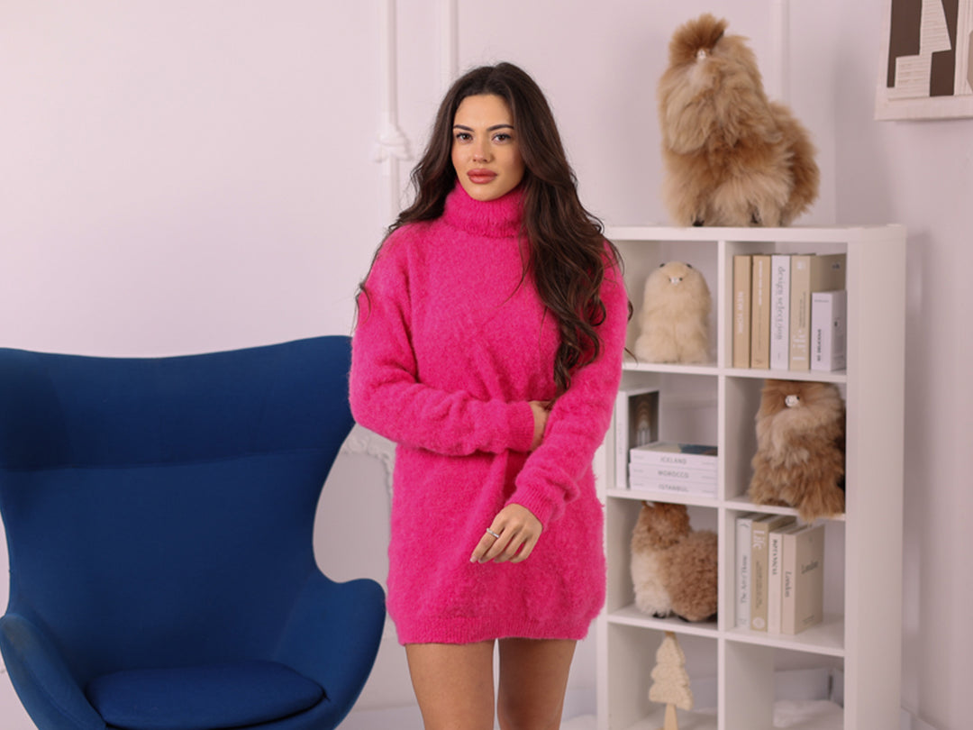 Hot Pink Kid Mohair Turtleneck Sweater Dress T2241
