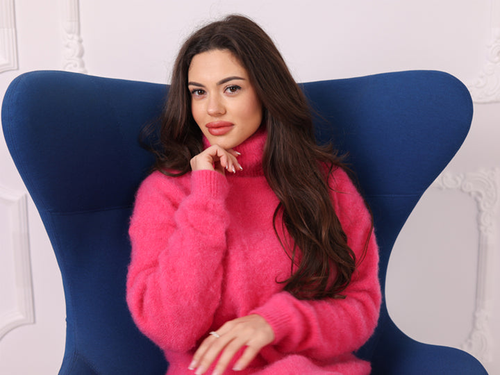 Hot Pink Kid Mohair Sweater Dress, Fluffy Turtleneck Knit T2241