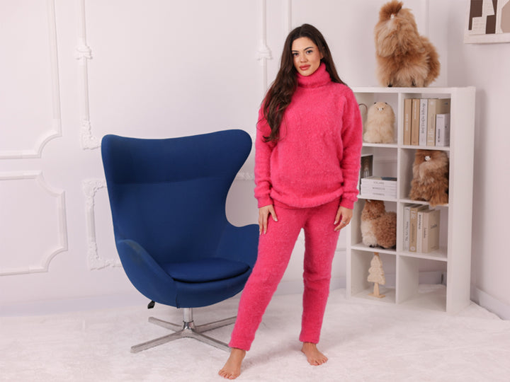 Hot Pink Kid Mohair Pants, Fluffy Hand Knitted Lounge Trousers T2242