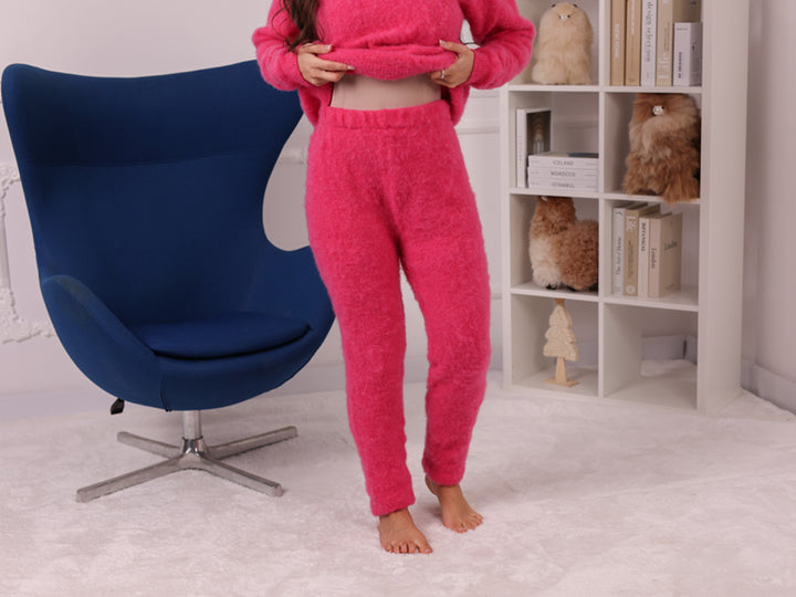 Hot Pink Kid Mohair Pants, Fluffy Hand Knitted Lounge Trousers T2242