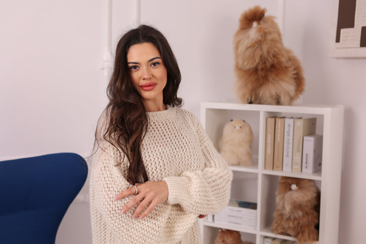 Loose fit cream alpaca open-stitch sweater dress T2248R