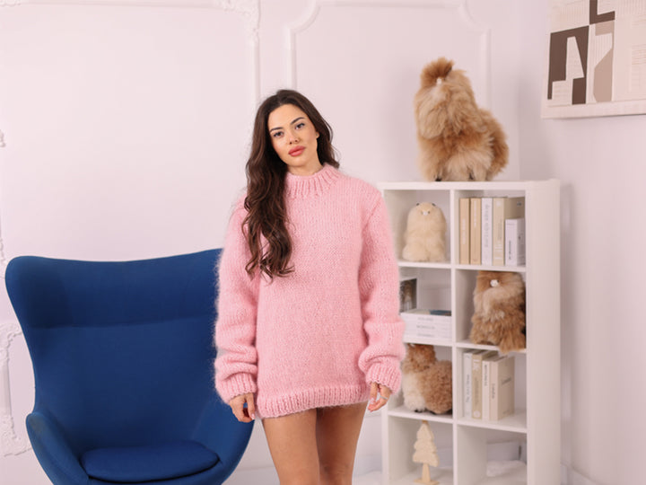 Pink Kid Mohair Sweater, Fluffy Oversized Hand Knitted Pullover T2249