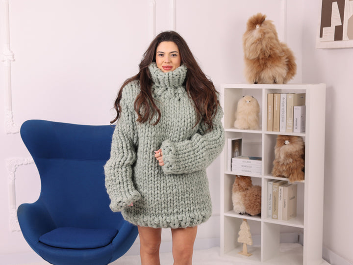 Oversized Chunky Wool Sweater, Extra Thick Hand Knitted Turtleneck T2250