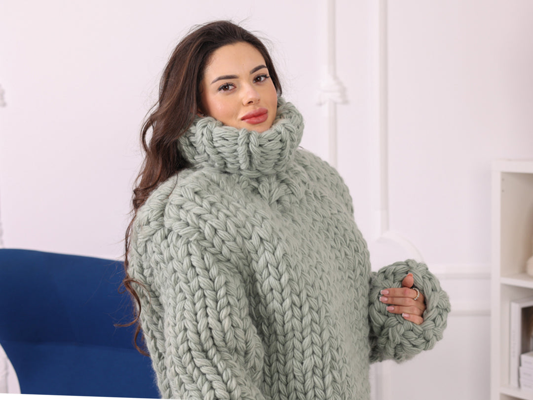 Oversized Chunky Wool Sweater, Extra Thick Hand Knitted Turtleneck T2250