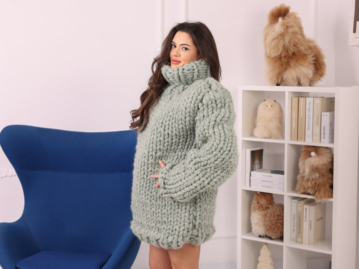 Oversized Chunky Wool Sweater, Extra Thick Hand Knitted Turtleneck T2250