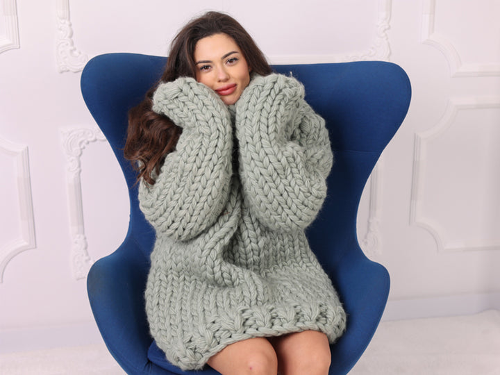 Oversized Chunky Wool Sweater, Extra Thick Hand Knitted Turtleneck T2250
