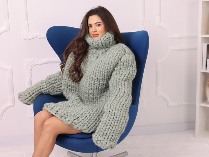 Oversized Chunky Wool Sweater, Extra Thick Hand Knitted Turtleneck T2250