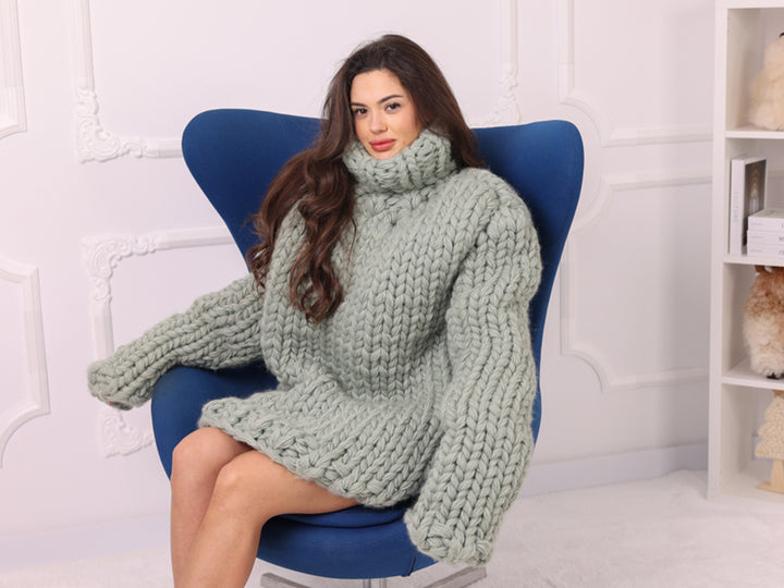 Oversized Chunky Wool Sweater, Extra Thick Hand Knitted Turtleneck T2250