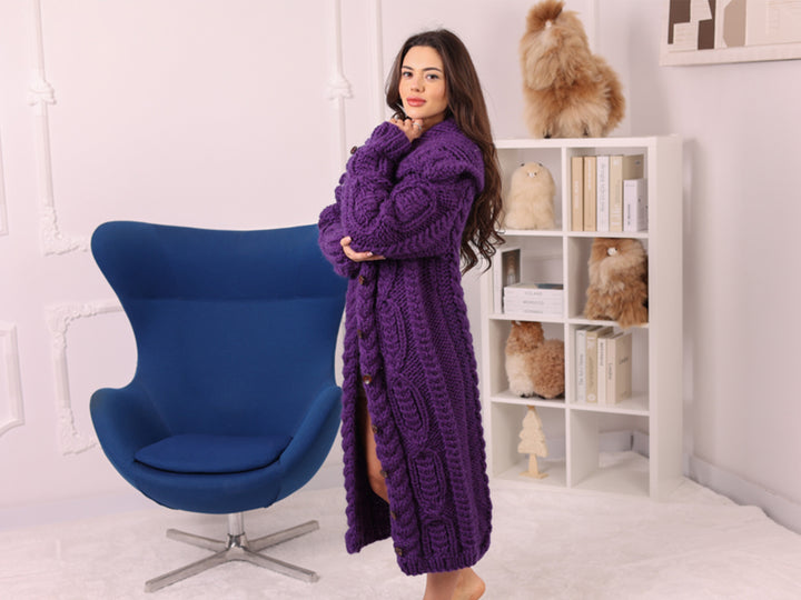 Long Wool Cardigan, Cable Knit, Hand Knitted Purple Oversized Button Coat T2237