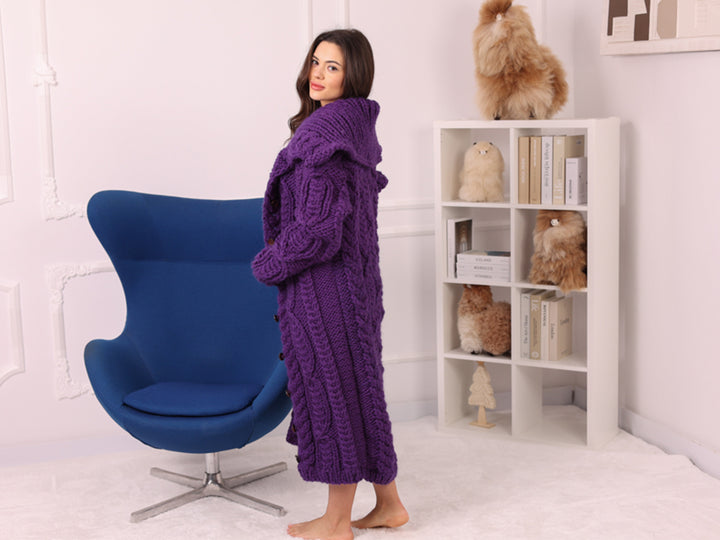 Long Wool Cardigan, Cable Knit, Hand Knitted Purple Oversized Button Coat T2237
