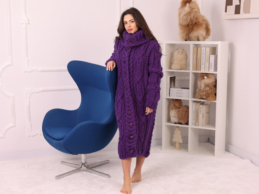 Long Wool Cardigan, Cable Knit, Hand Knitted Purple Oversized Button Coat T2237
