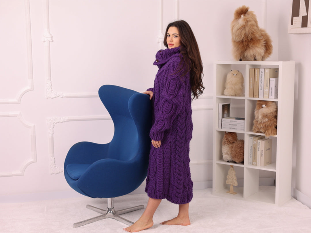 Long Wool Cardigan, Cable Knit, Hand Knitted Purple Oversized Button Coat T2237