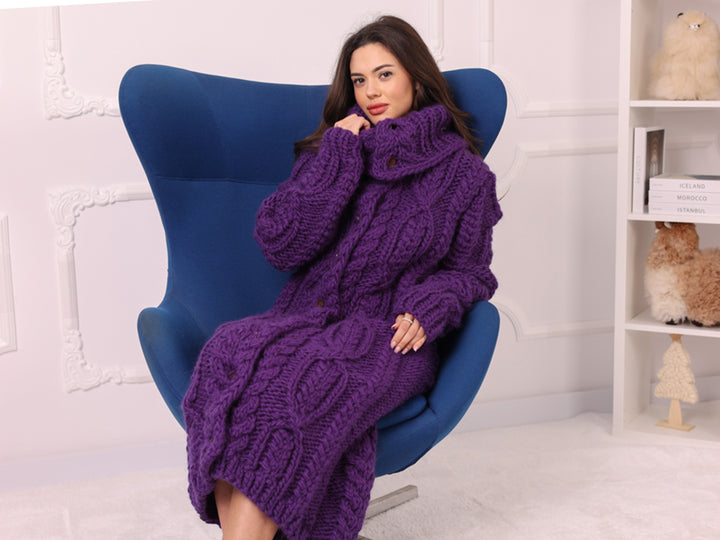 Long Wool Cardigan, Cable Knit, Hand Knitted Purple Oversized Button Coat T2237