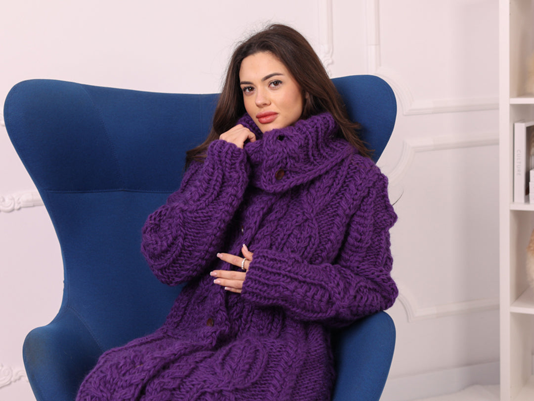 Long Wool Cardigan, Cable Knit, Hand Knitted Purple Oversized Button Coat T2237