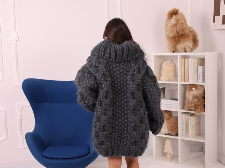 25 Strand Mohair Cardigan Coat, Extra Chunky Zip Sweater, Oversized Heavy Knit Jacket T2238