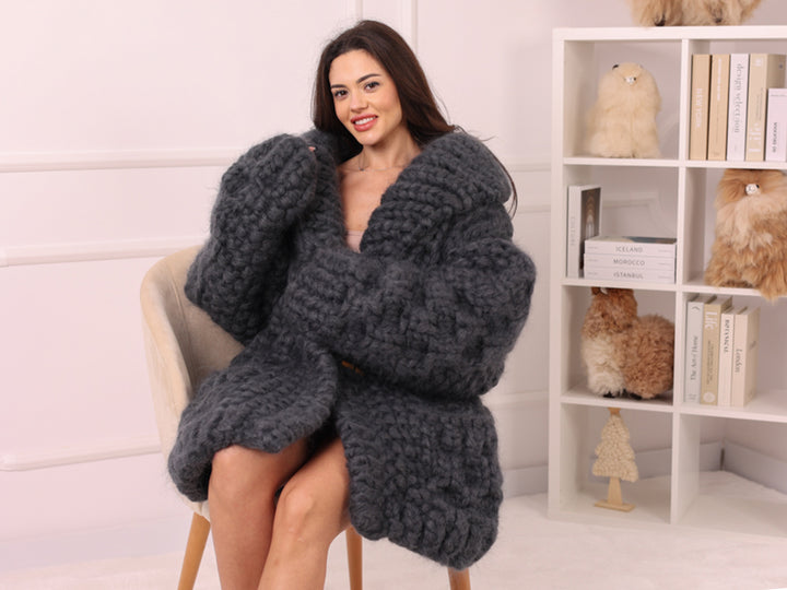 25 Strand Mohair Cardigan Coat, Extra Chunky Zip Sweater, Oversized Heavy Knit Jacket T2238
