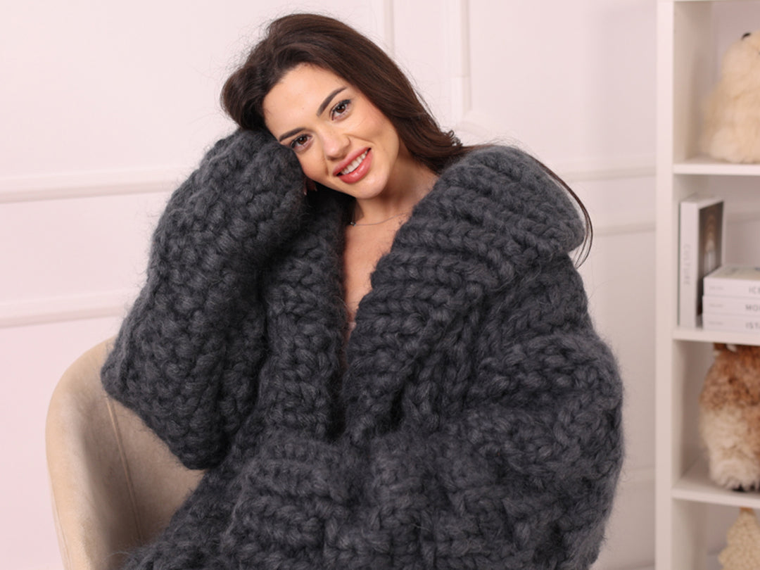 25 Strand Mohair Cardigan Coat, Extra Chunky Zip Sweater, Oversized Heavy Knit Jacket T2238