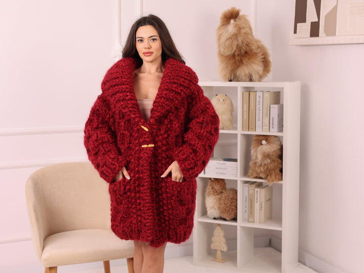 Chunky Wool Mohair Cardigan, Honeycomb Knit, Hand Knitted Red Oversized Coat T2239