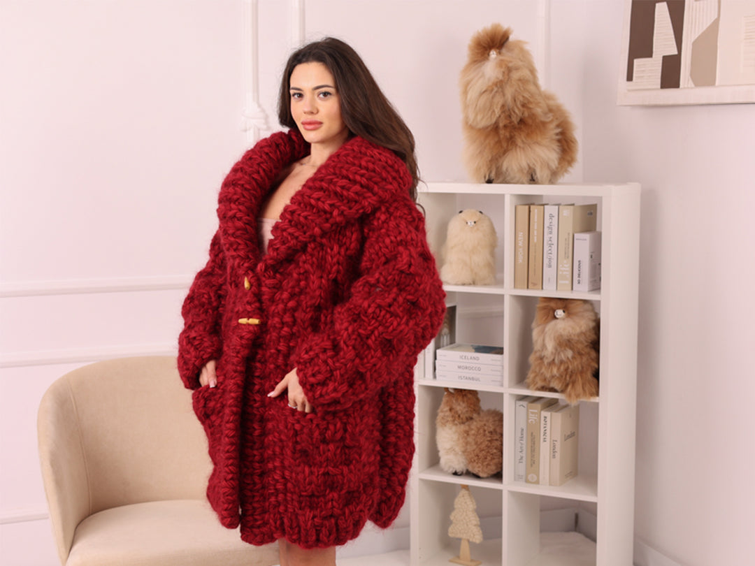 Chunky Wool Mohair Cardigan, Honeycomb Knit, Hand Knitted Red Oversized Coat T2239
