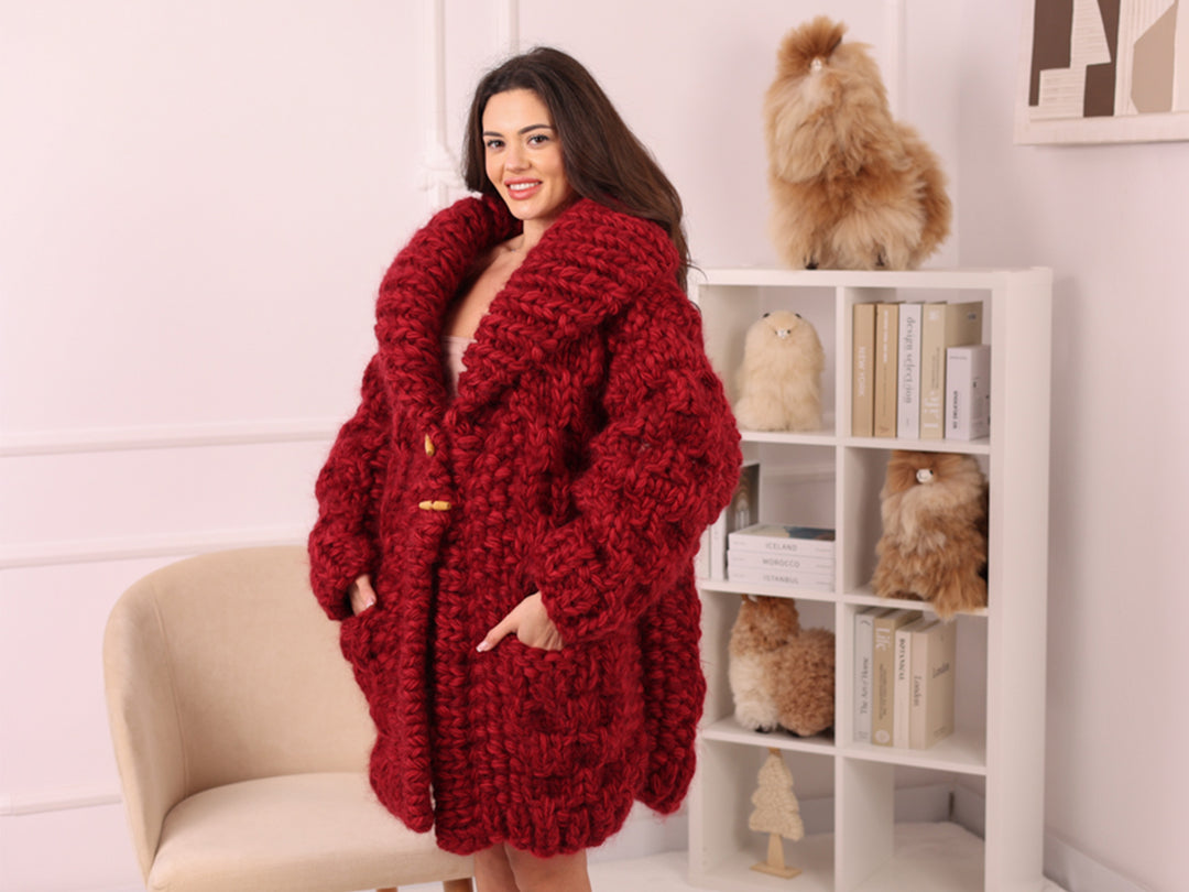 Chunky Wool Mohair Cardigan, Honeycomb Knit, Hand Knitted Red Oversized Coat T2239