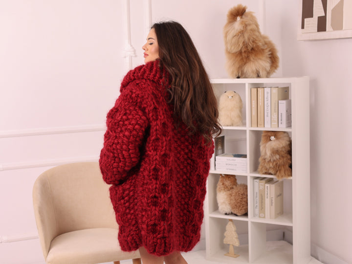 Chunky Wool Mohair Cardigan, Honeycomb Knit, Hand Knitted Red Oversized Coat T2239