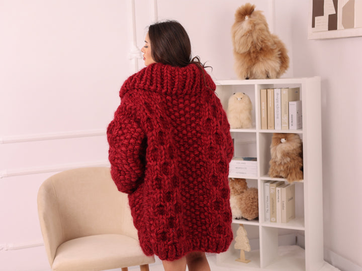 Chunky Wool Mohair Cardigan, Honeycomb Knit, Hand Knitted Red Oversized Coat T2239