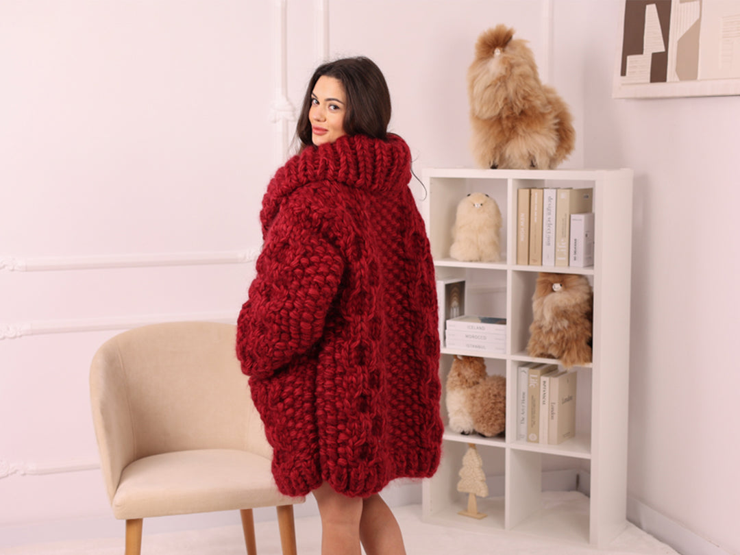 Chunky Wool Mohair Cardigan, Honeycomb Knit, Hand Knitted Red Oversized Coat T2239
