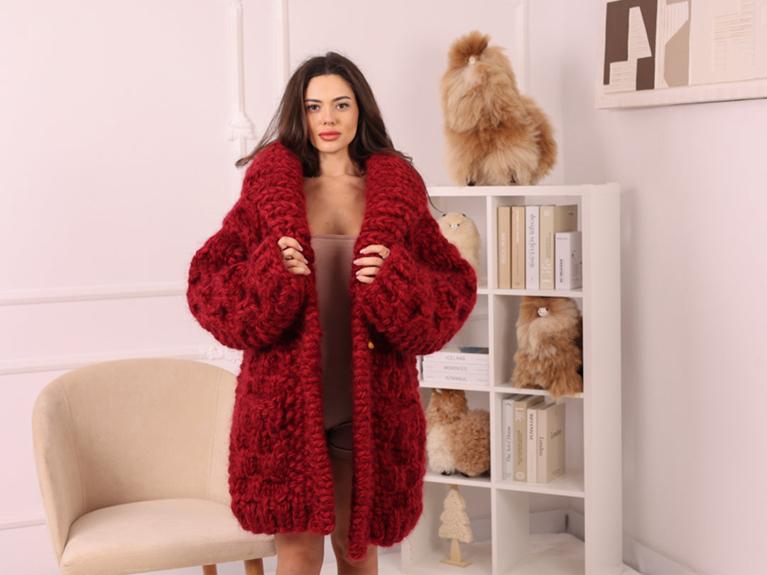 Chunky Wool Mohair Cardigan, Honeycomb Knit, Hand Knitted Red Oversized Coat T2239