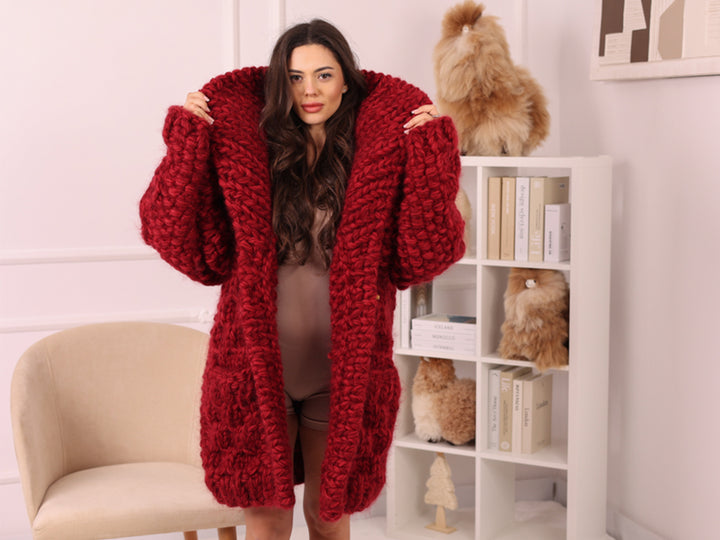 Chunky Wool Mohair Cardigan, Honeycomb Knit, Hand Knitted Red Oversized Coat T2239