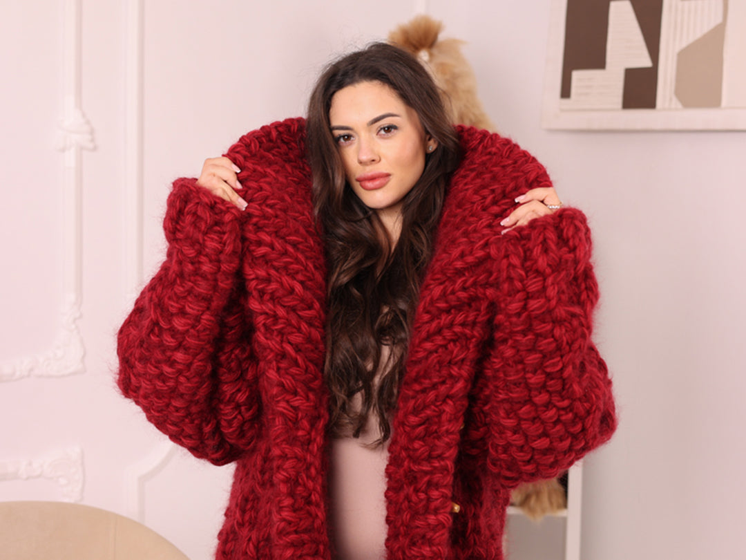 Chunky Wool Mohair Cardigan, Honeycomb Knit, Hand Knitted Red Oversized Coat T2239