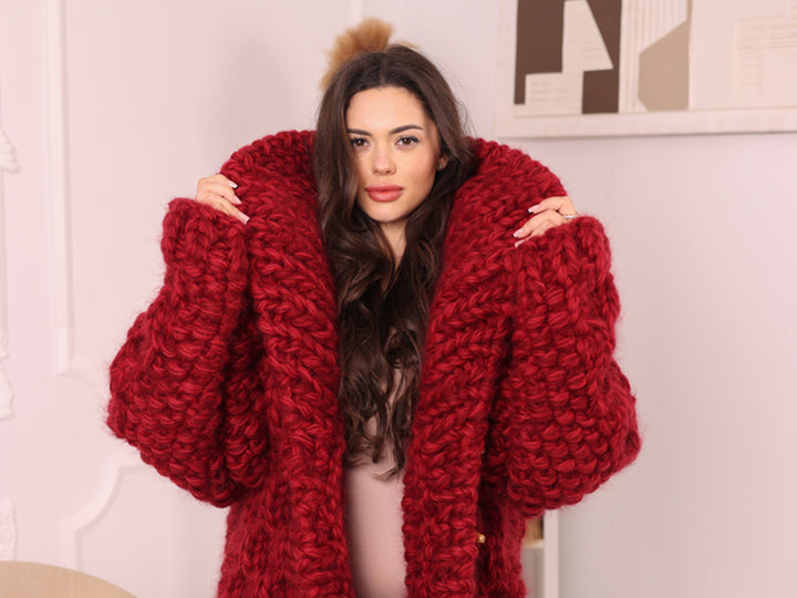 Chunky Wool Mohair Cardigan, Honeycomb Knit, Hand Knitted Red Oversized Coat T2239