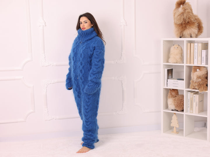 Blue Mohair Catsuit with Cables, Hand Knitted Fuzzy Jumpsuit – T2240