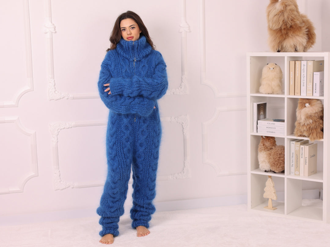 Blue Mohair Catsuit with Cables, Hand Knitted Fuzzy Jumpsuit – T2240