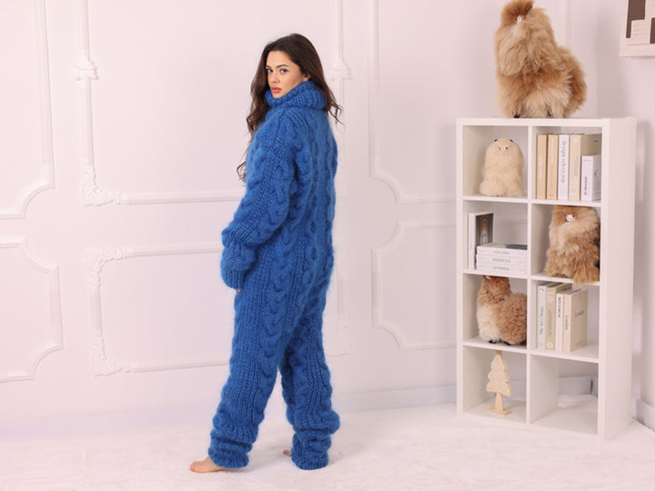 Blue Mohair Catsuit with Cables, Hand Knitted Fuzzy Jumpsuit – T2240