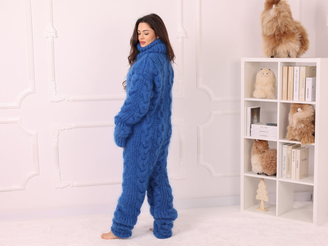 Blue Mohair Catsuit with Cables, Hand Knitted Fuzzy Jumpsuit – T2240