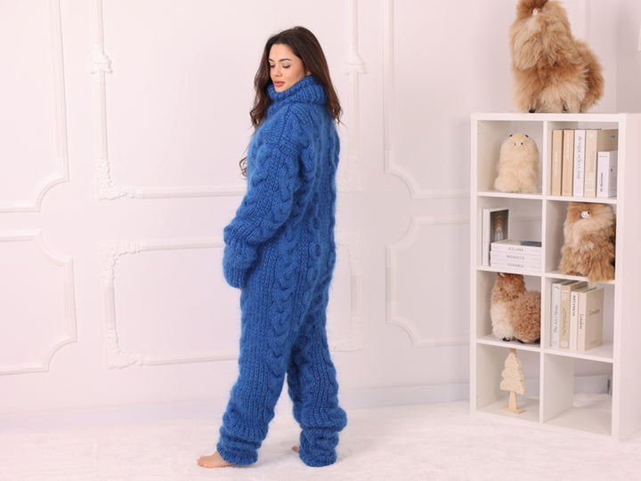 Blue Mohair Catsuit with Cables, Hand Knitted Fuzzy Jumpsuit – T2240