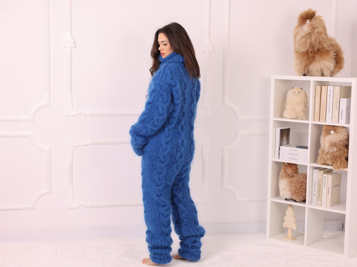 Blue Mohair Catsuit with Cables, Hand Knitted Fuzzy Jumpsuit – T2240
