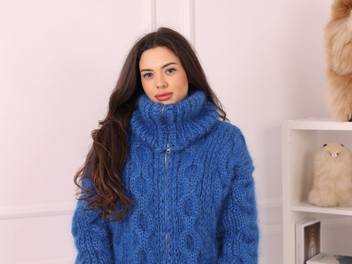 Blue Mohair Catsuit with Cables, Hand Knitted Fuzzy Jumpsuit – T2240