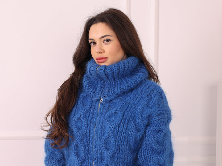 Blue Mohair Catsuit with Cables, Hand Knitted Fuzzy Jumpsuit – T2240