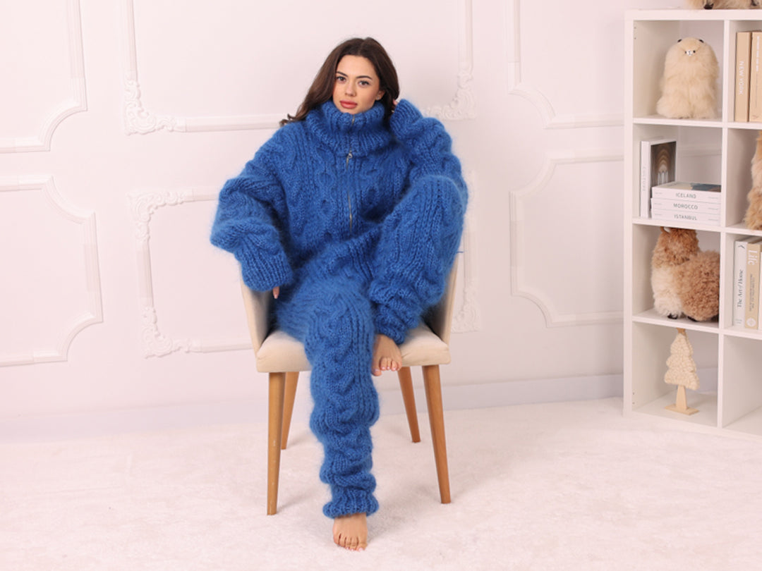 Blue Mohair Catsuit with Cables, Hand Knitted Fuzzy Jumpsuit – T2240
