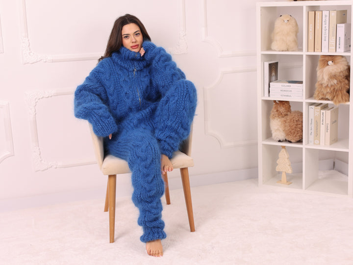 Blue Mohair Catsuit with Cables, Hand Knitted Fuzzy Jumpsuit – T2240