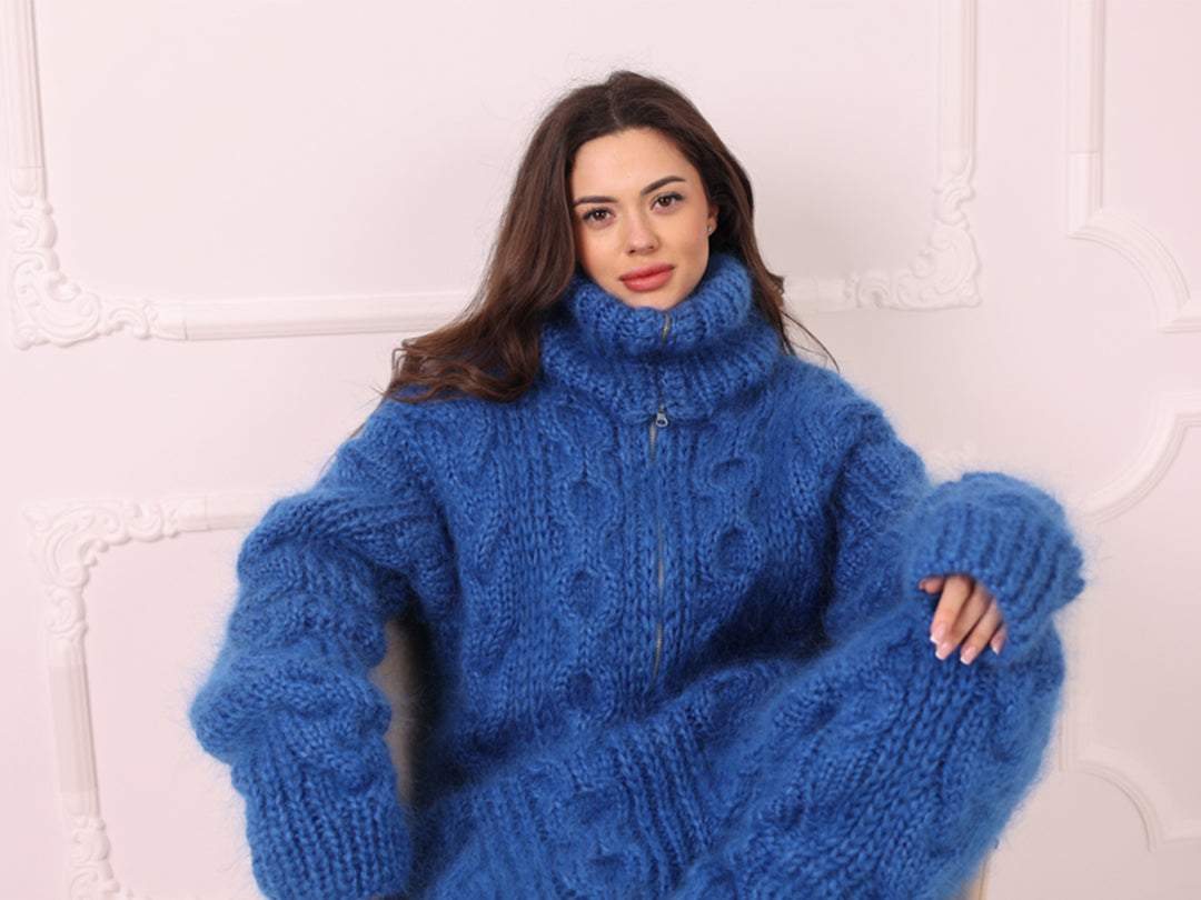 Blue Mohair Catsuit with Cables, Hand Knitted Fuzzy Jumpsuit – T2240