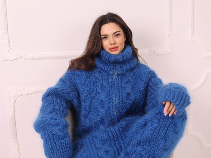 Blue Mohair Catsuit with Cables, Hand Knitted Fuzzy Jumpsuit – T2240
