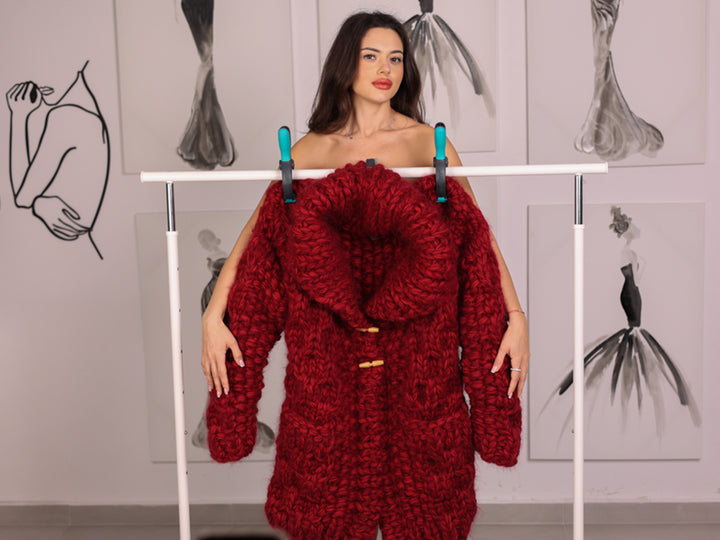 Chunky Wool Mohair Cardigan, Honeycomb Knit, Hand Knitted Red Oversized Coat T2239