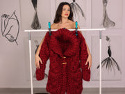 Grober Woll-Mohair-Cardigan, Wabenstrick, handgestrickter roter Oversize-Mantel T2239