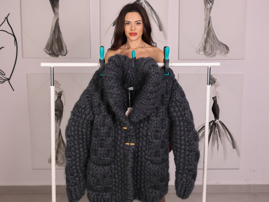 25 Strand Mohair Cardigan Coat, Extra Chunky Zip Sweater, Oversized Heavy Knit Jacket T2238