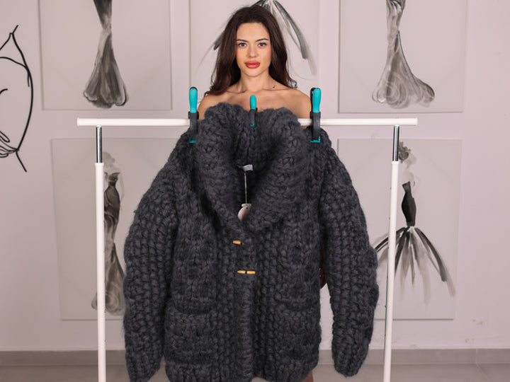 25 Strand Mohair Cardigan Coat, Extra Chunky Zip Sweater, Oversized Heavy Knit Jacket T2238