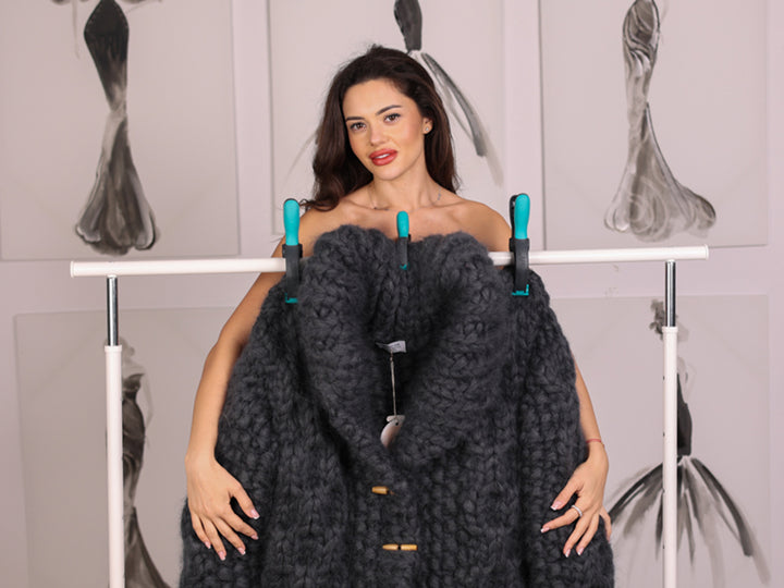 25 Strand Mohair Cardigan Coat, Extra Chunky Zip Sweater, Oversized Heavy Knit Jacket T2238