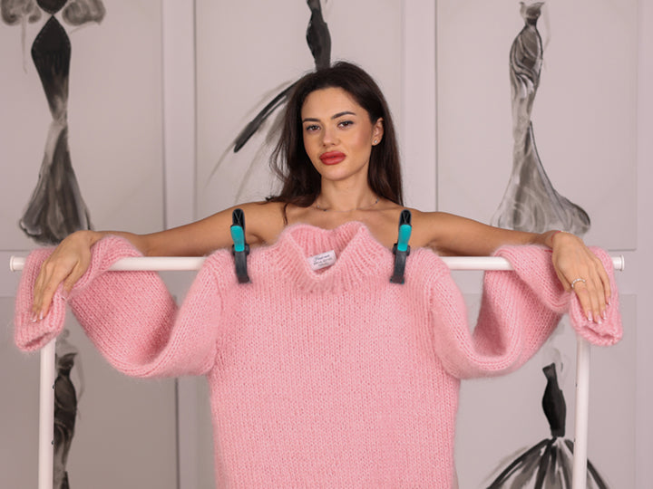 Pink Kid Mohair Sweater, Fluffy Oversized Hand Knitted Pullover T2249