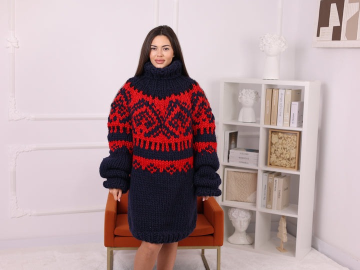 Navy Icelandic Wool Sweater, Fair Isle Hand Knitted Turtleneck Jumper T2254